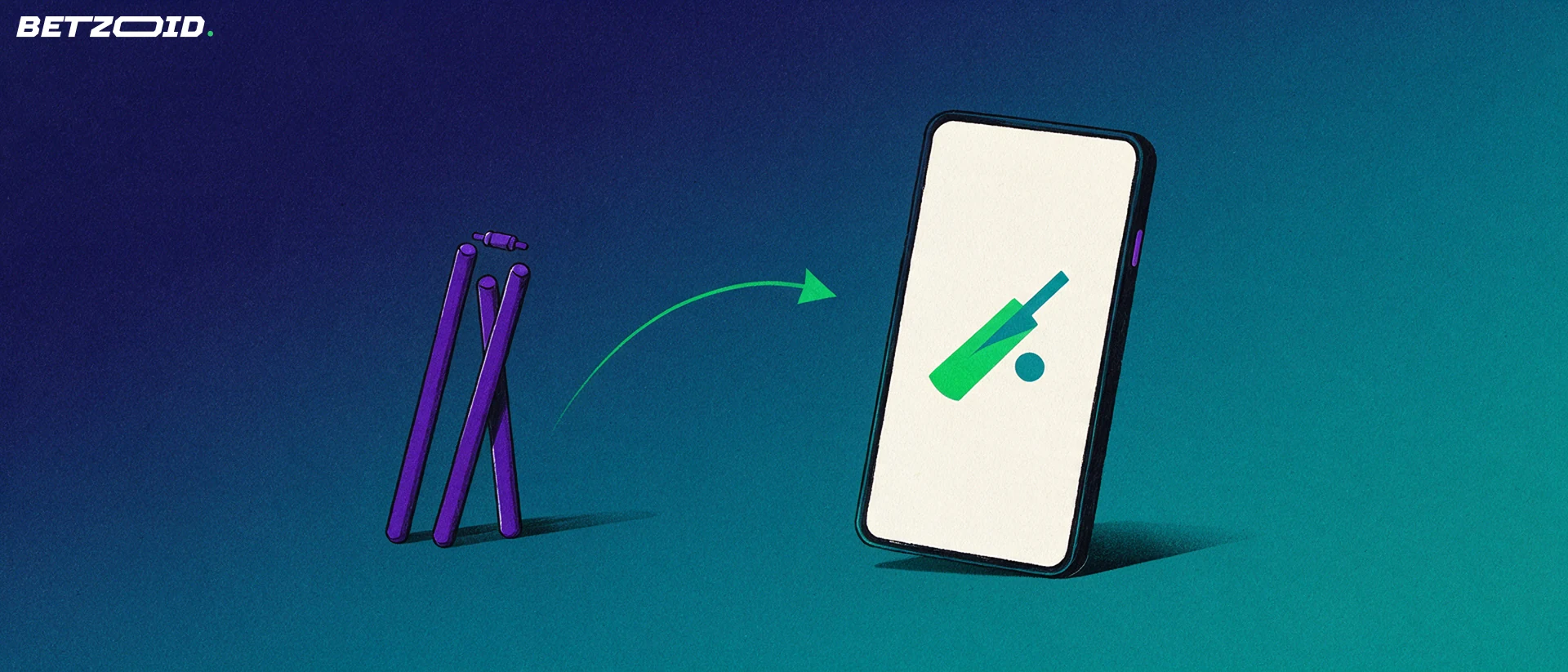 Illustration of a smartphone showing a simple cricket bat and ball symbol, with cricket stumps and a green arrow beside it.