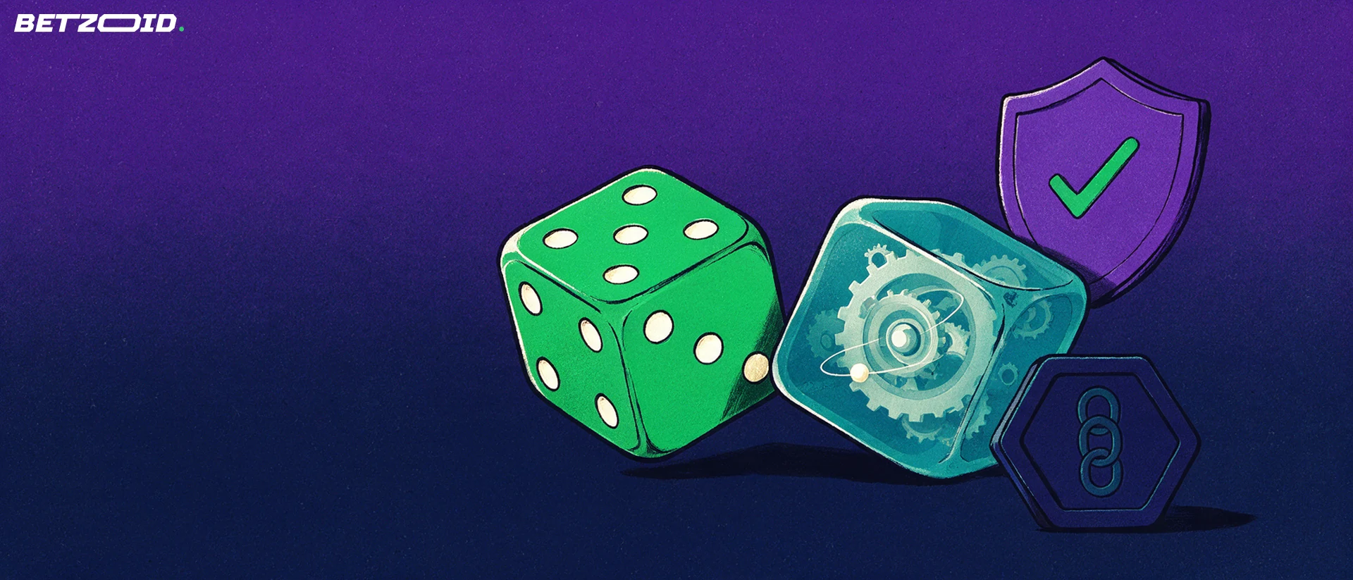 Illustration of two dice, one transparent with a gear mechanism inside, beside a check-mark shield and a plain digital token.