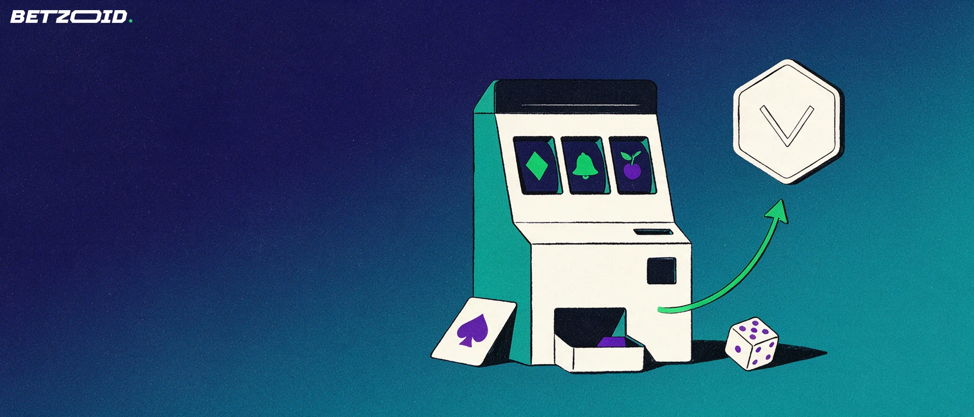 Illustration of a slot machine cabinet with simple reel symbols, a hexagonal digital token dropping into its coin slot beside a playing card and a die