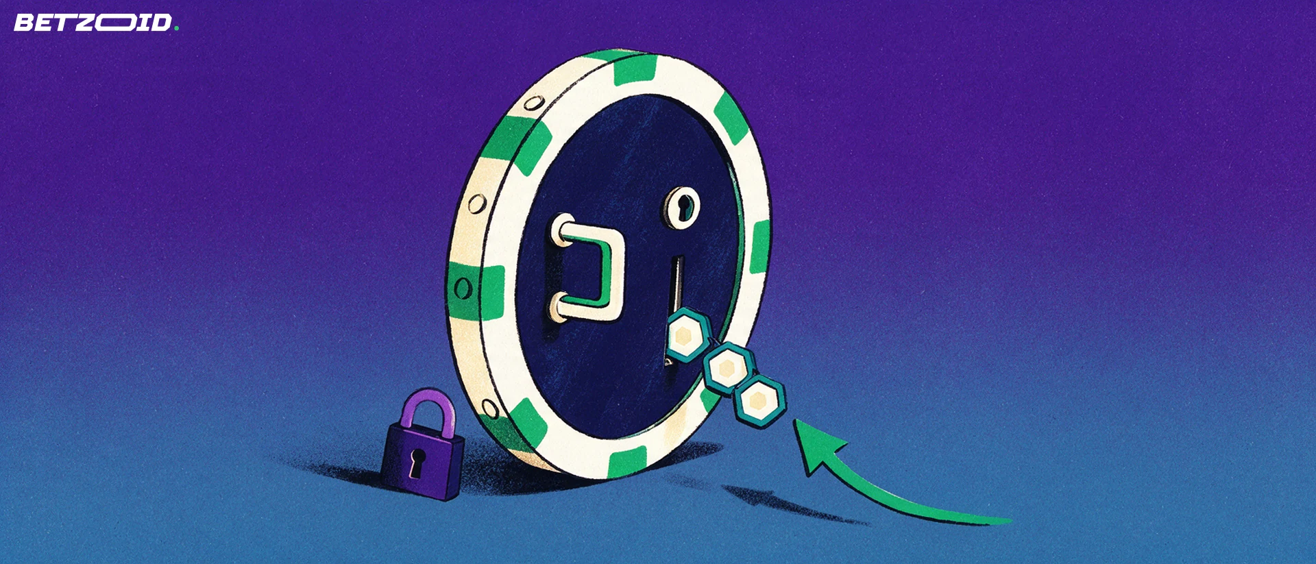 Illustration of an upright casino chip shaped like a vault door receiving three hexagonal crypto tokens along an arrow, with a small padlock nearby