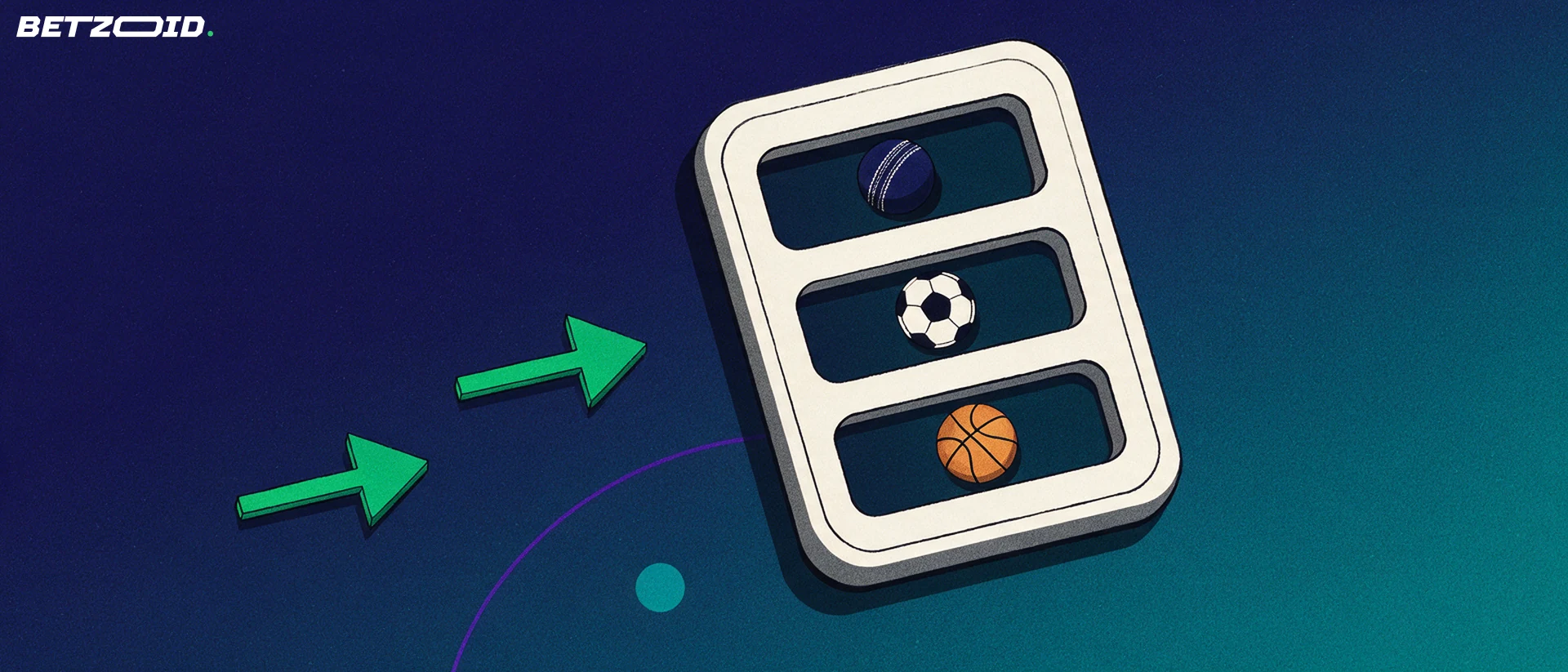 Illustration of a tilted market selector panel holding cricket ball, football and basketball symbols with green arrows rising beside it.