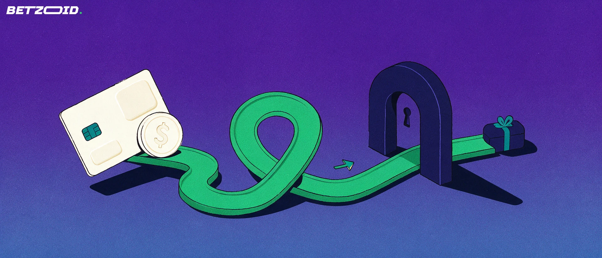 Illustration of a bank card releasing a coin that rolls along a looping track through a keyhole arch toward a small gift box.