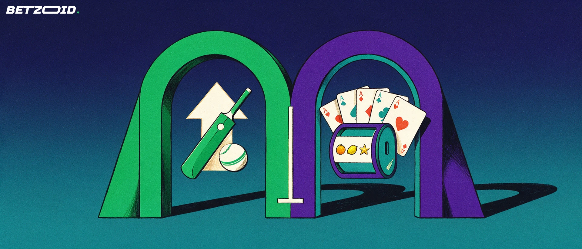 Illustration of a split archway with cricket bat and ball on one side and playing cards with a slot reel on the other