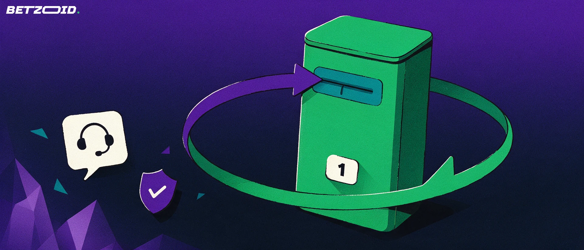 Illustration of a payment terminal with incoming and outgoing arrows, a support speech bubble with headset and a shield with a checkmark
