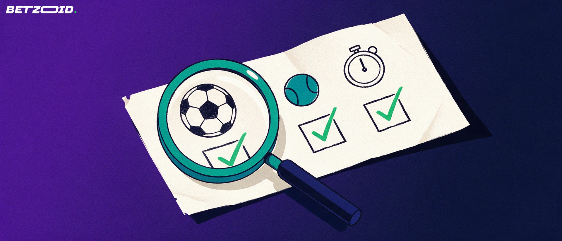 Illustration of a magnifying glass examining a sports betting slip with ball pictograms and green ticks.