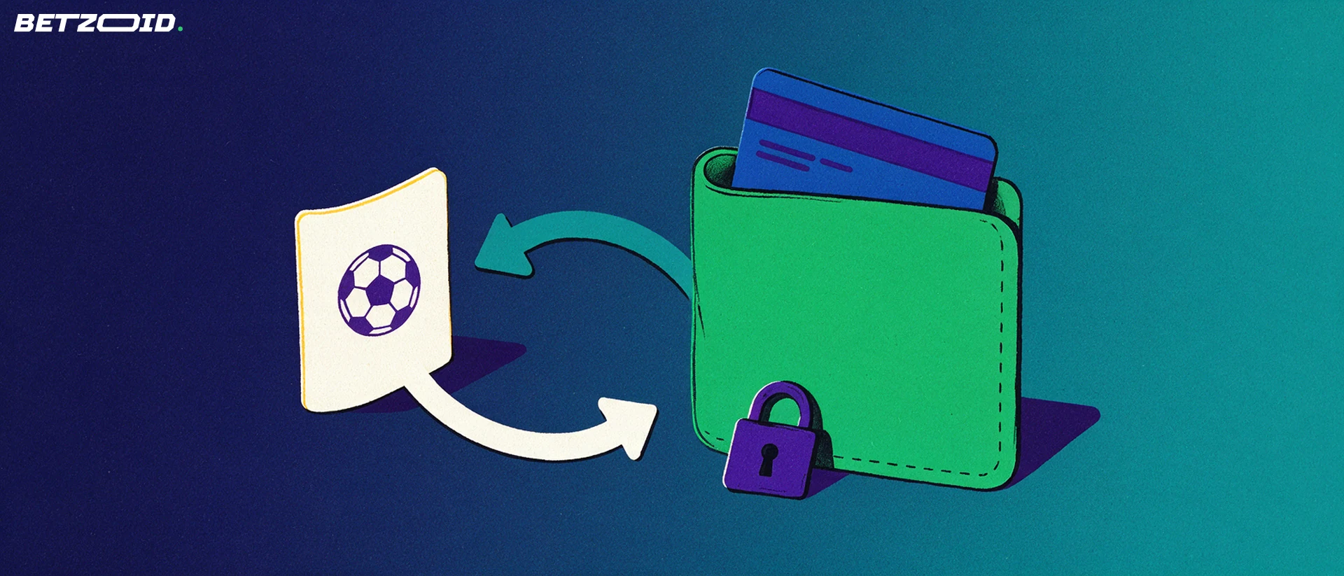 Illustration of a wallet with a payment card linked to a betting coupon by two curved deposit and withdrawal arrows.