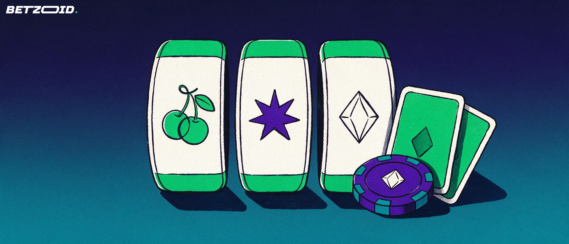Illustration of three slot machine reel drums with simple symbols beside fanned playing cards and a casino chip.
