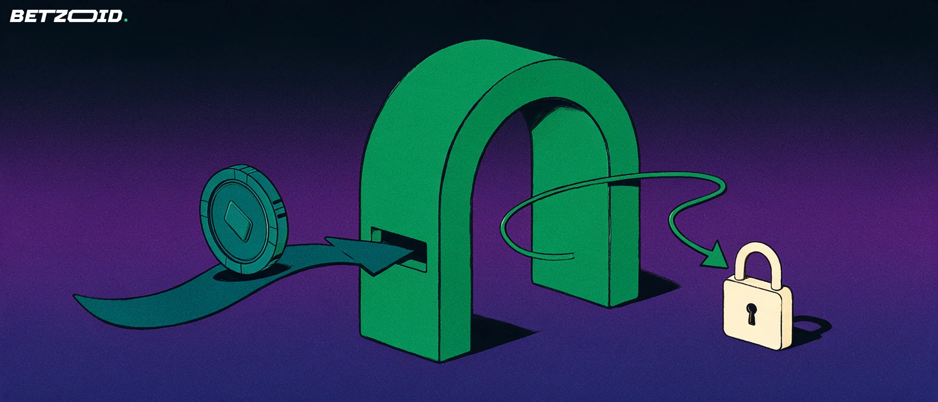 Illustration of a casino chip travelling along an arrow into a vault-style deposit slot with a return arrow and padlock.