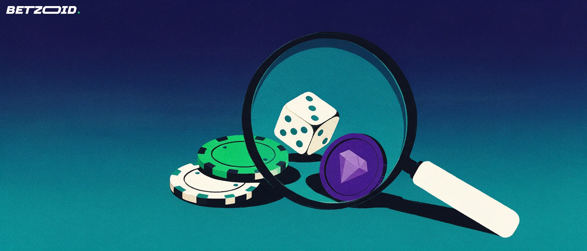 Illustration of a magnifying glass inspecting casino chips, a die and a plain crypto token disc