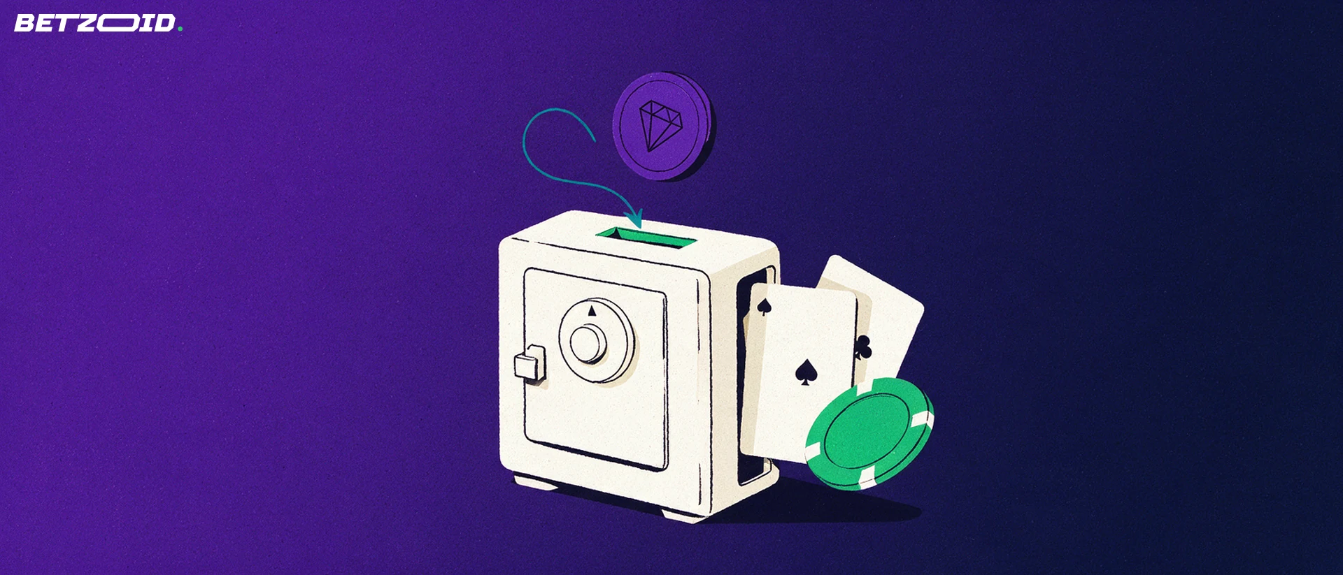 Illustration of a crypto coin dropping into a wallet safe while playing cards and a gaming chip emerge from its side