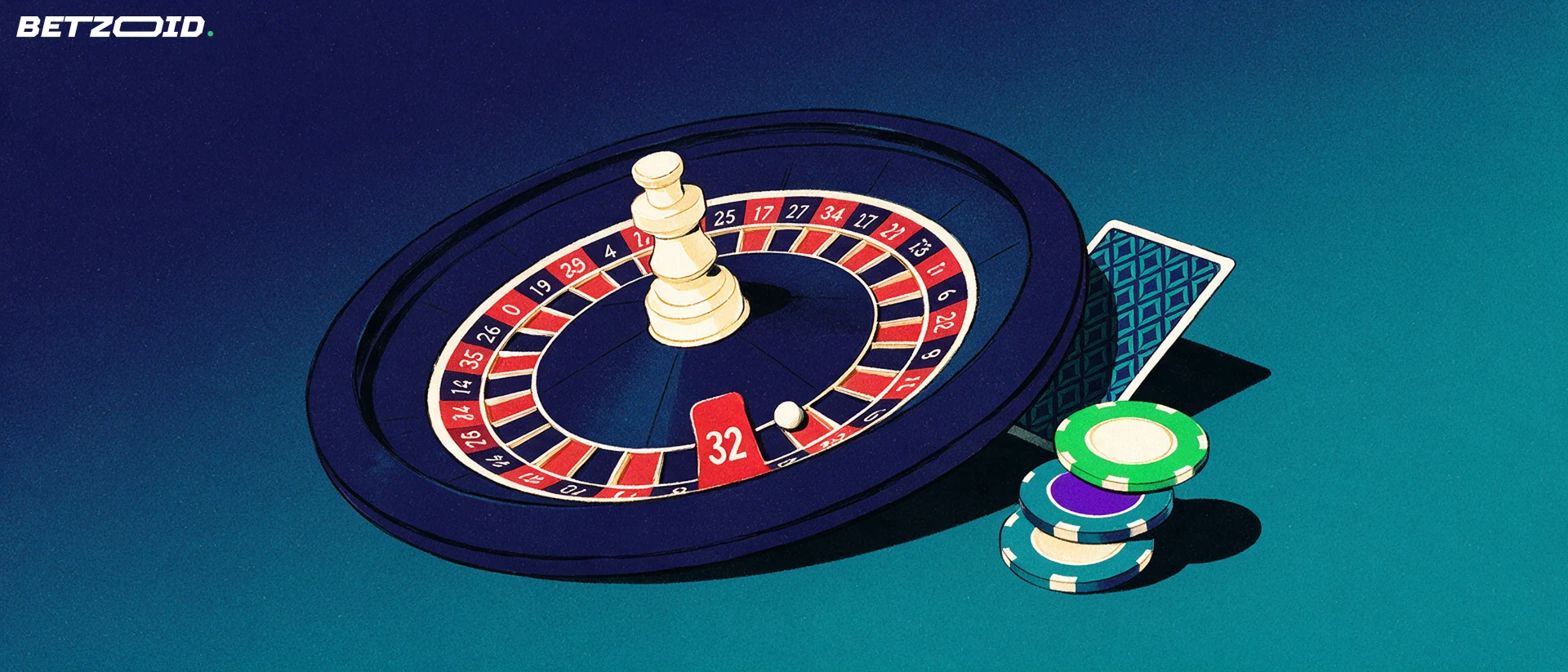 Illustration of a roulette wheel with one red pocket marked 32, a white ball, casino chips and a playing card.