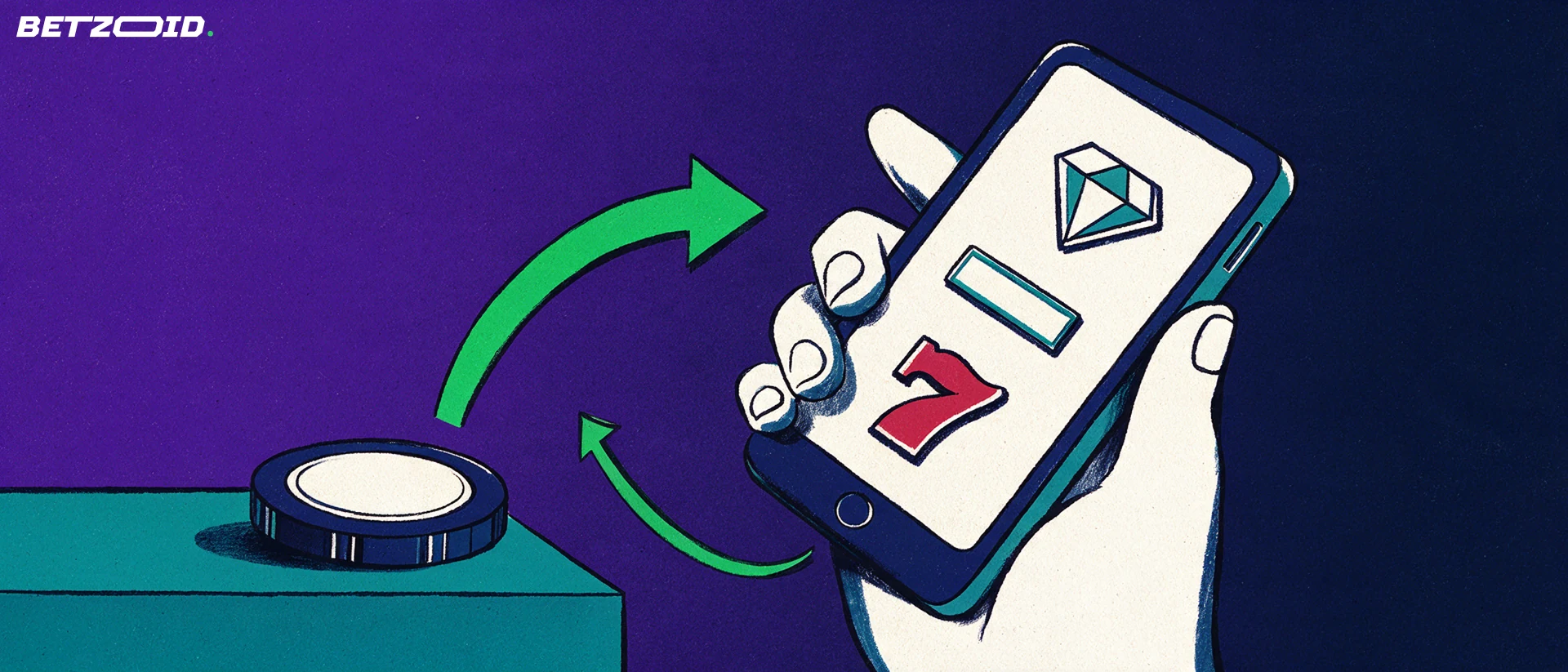 Illustration of a hand holding a phone with simple slot symbols while an arrow carries a casino chip into the device and back.