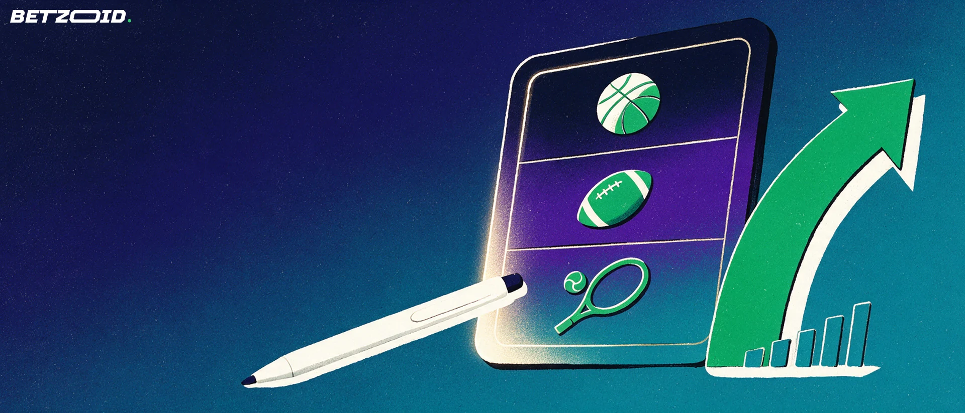 Illustration of a betting market board with basketball, football and tennis symbols beside a rising arrow representing changing odds.