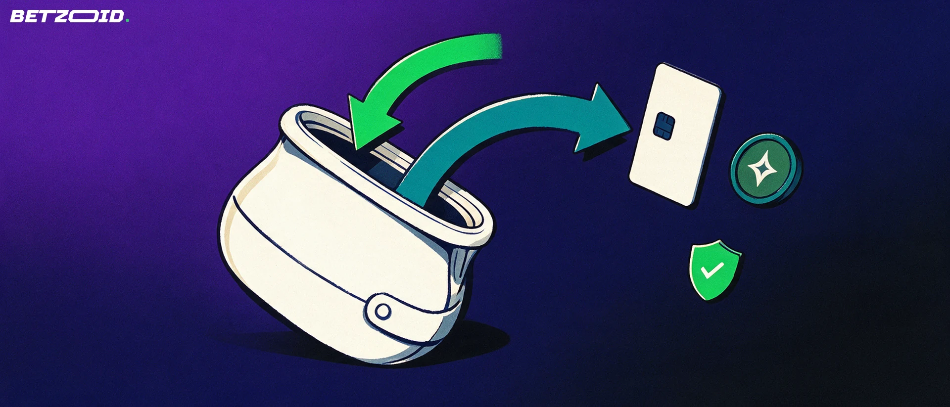 Illustration of a wallet with arrows flowing in and out toward a blank payment card and a token disc, symbolising deposits and withdrawals.