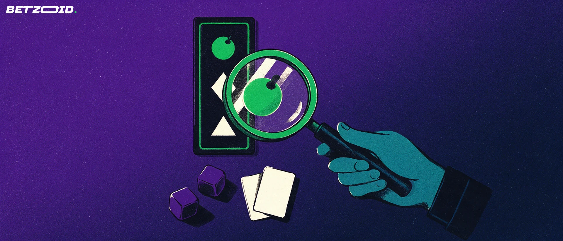 Illustration of a magnifying glass inspecting a slot machine reel with dice and playing cards beside it
