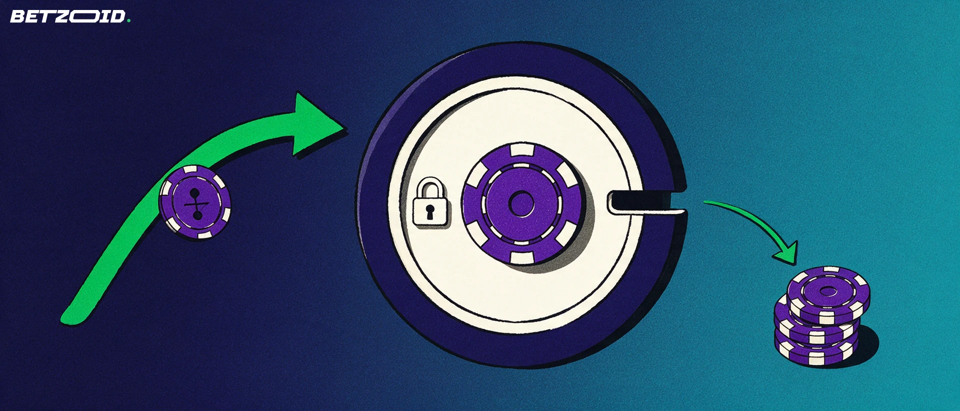 Illustration of a vault with a casino chip dial, a coin entering a slot and arrows showing money moving in and out