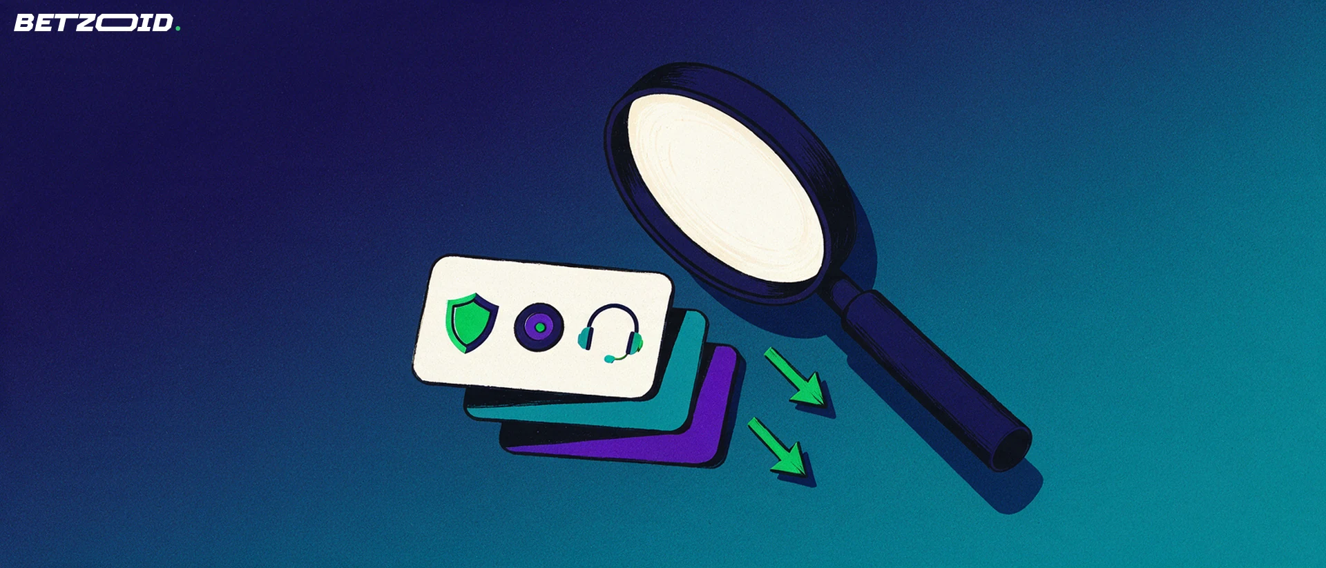 Illustration of a large magnifying glass inspecting stacked cards marked with shield, token and headset symbols.
