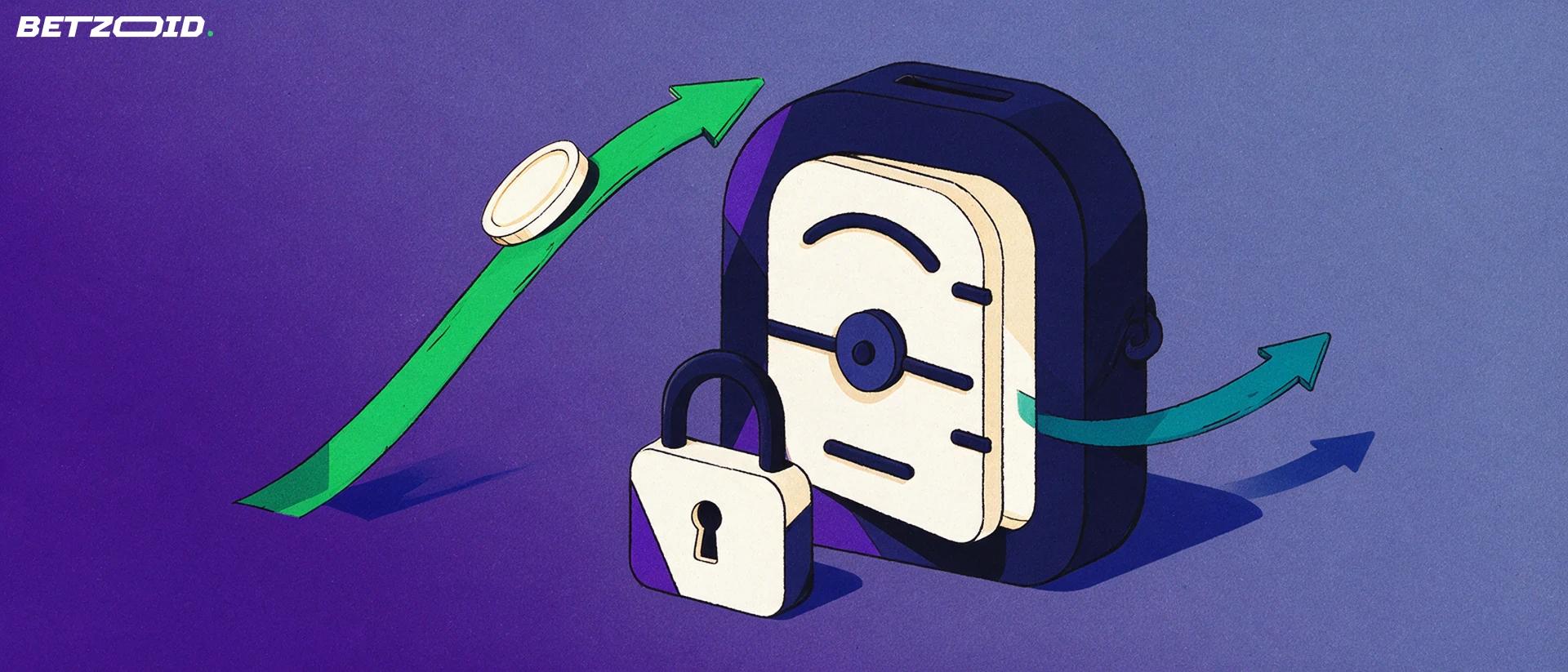 Illustration of a vault-like wallet with arrows carrying a token disc in and out, beside a small padlock.