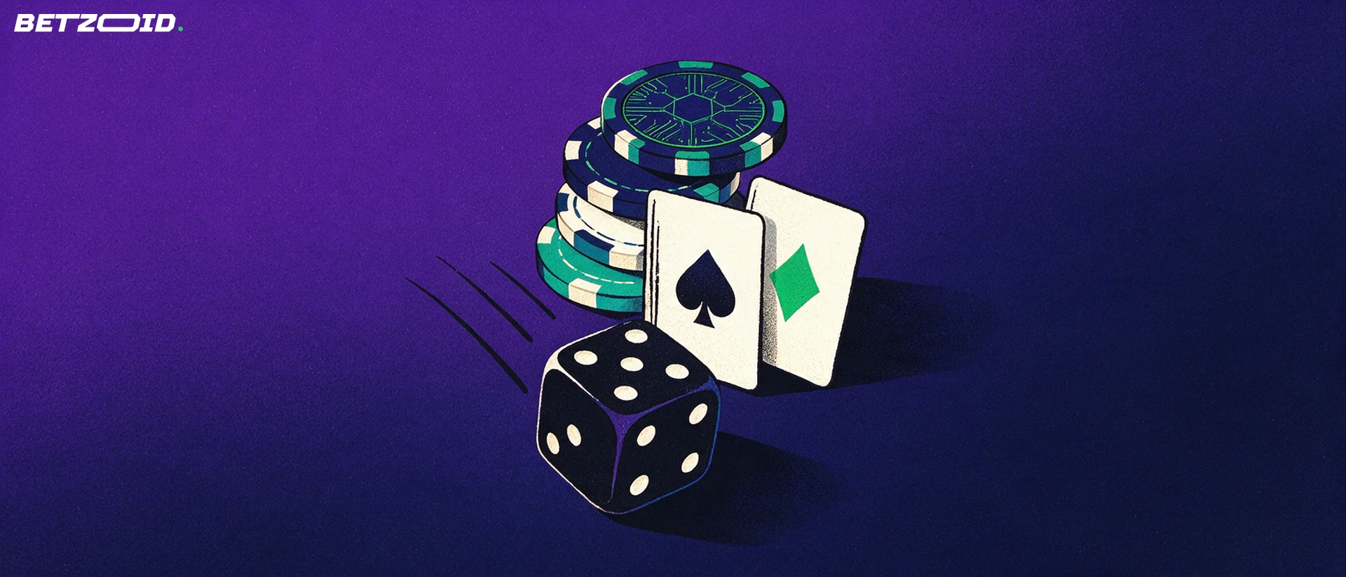Illustration of a stack of casino chips topped by a circuit-engraved crypto token, with two plain suit cards and a single die.