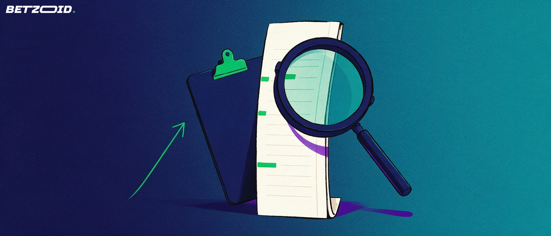 Illustration of a large magnifying glass enlarging the ticked rows of a paper betting slip on a clipboard