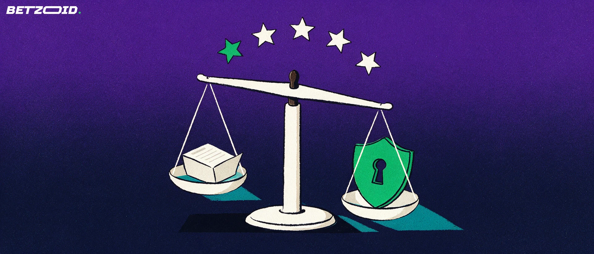 Illustration of a balance scale weighing a folded betting slip against a shield with a keyhole, with a row of stars above