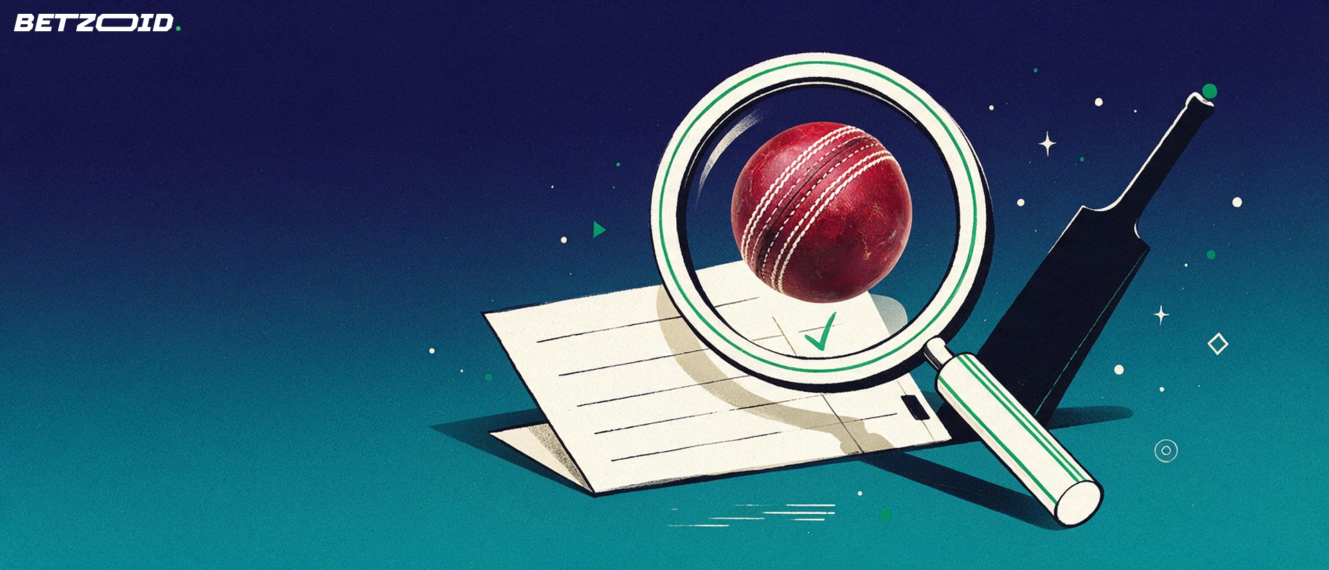 Illustration of a magnifying glass enlarging a cricket ball above a blank paper betting slip and a cricket bat silhouette.