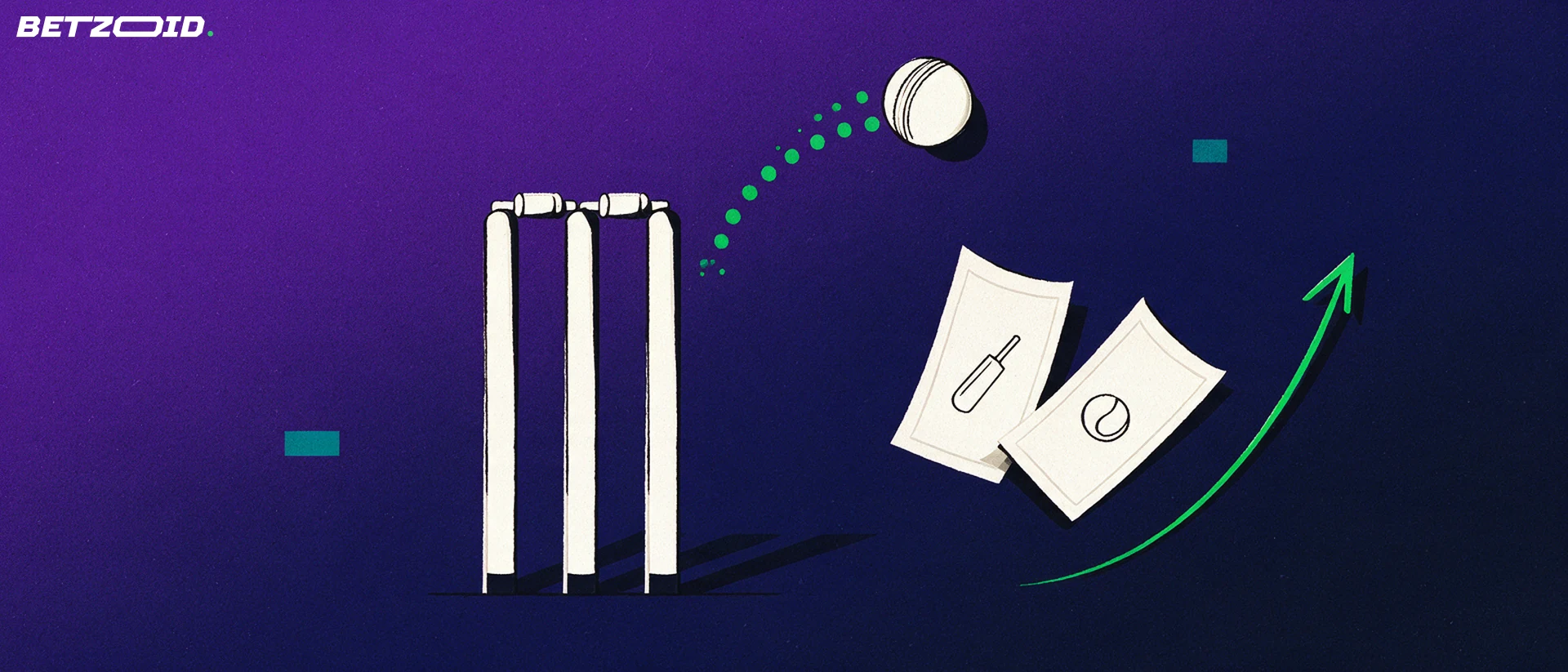 Illustration of cricket stumps with an approaching ball beside two fanned blank betting slips marked with small sport symbols and a rising arrow.