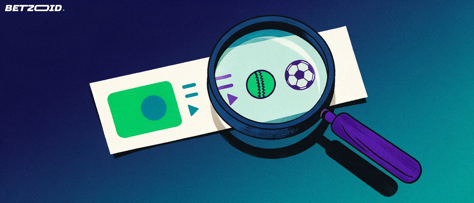 Illustration of a magnifying glass inspecting a plain betting slip marked with small cricket and football symbols.