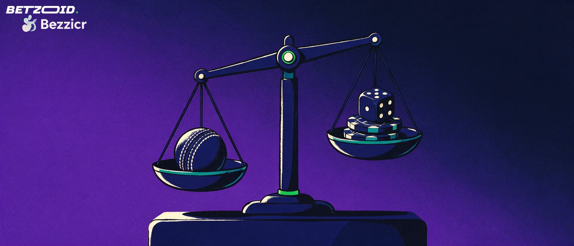 Illustration of a balance scale weighing a cricket ball against casino chips and a die