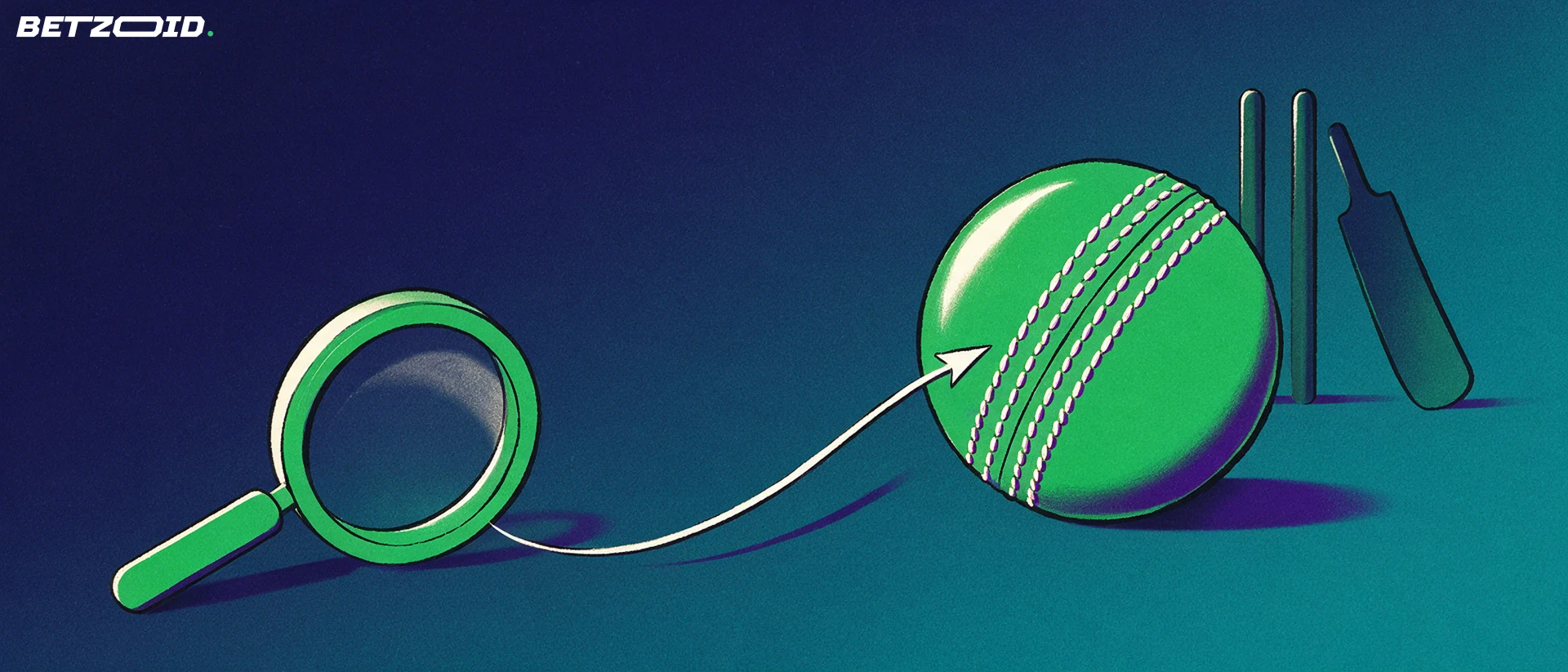 Illustration of a magnifying glass examining a cricket ball beside stumps and a bat silhouette