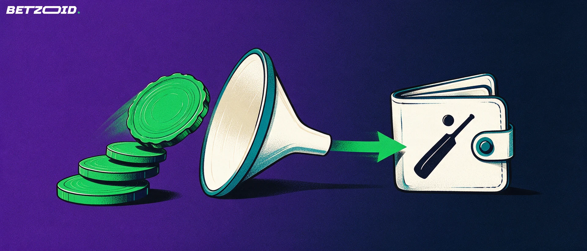 Illustration of a crypto coin flowing through a funnel into a wallet marked with a cricket bat and ball