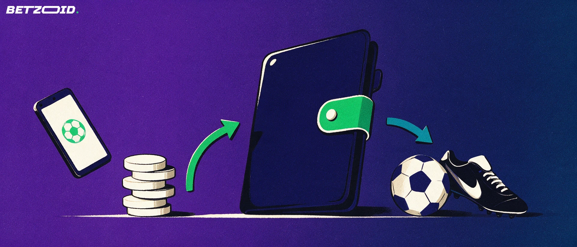 Illustration of a wallet with curved arrows connecting payment tokens, a football and a boot, showing deposits and withdrawals for sports betting.