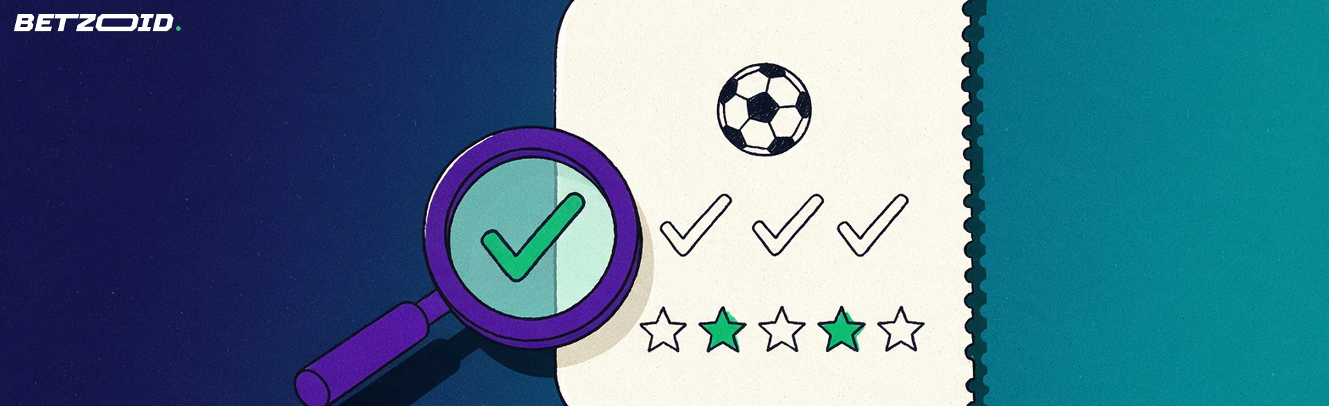 Illustration of a magnifying glass inspecting a betting slip marked with a football, checkmarks and a partly filled star rating.