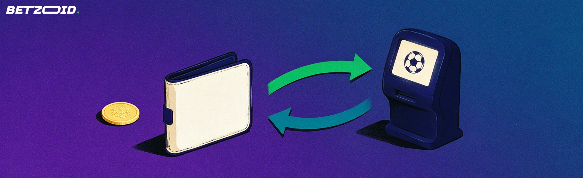 Illustration of a wallet and a betting kiosk with a football symbol linked by two curved arrows showing money going in and coming back.