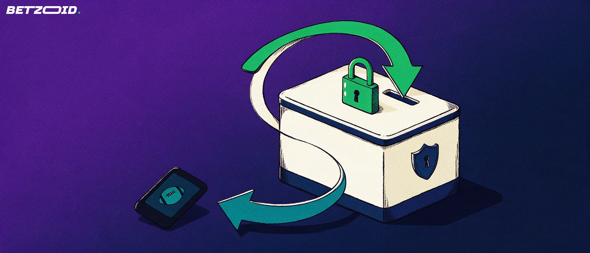 Illustration of a padlocked strongbox with green and teal arrows showing money moving in and out toward a small phone displaying a football symbol.