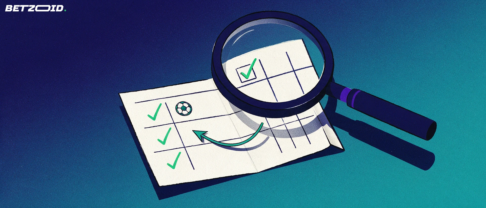Illustration of a magnifying glass inspecting a paper betting slip marked with checkmarks and a small football symbol.
