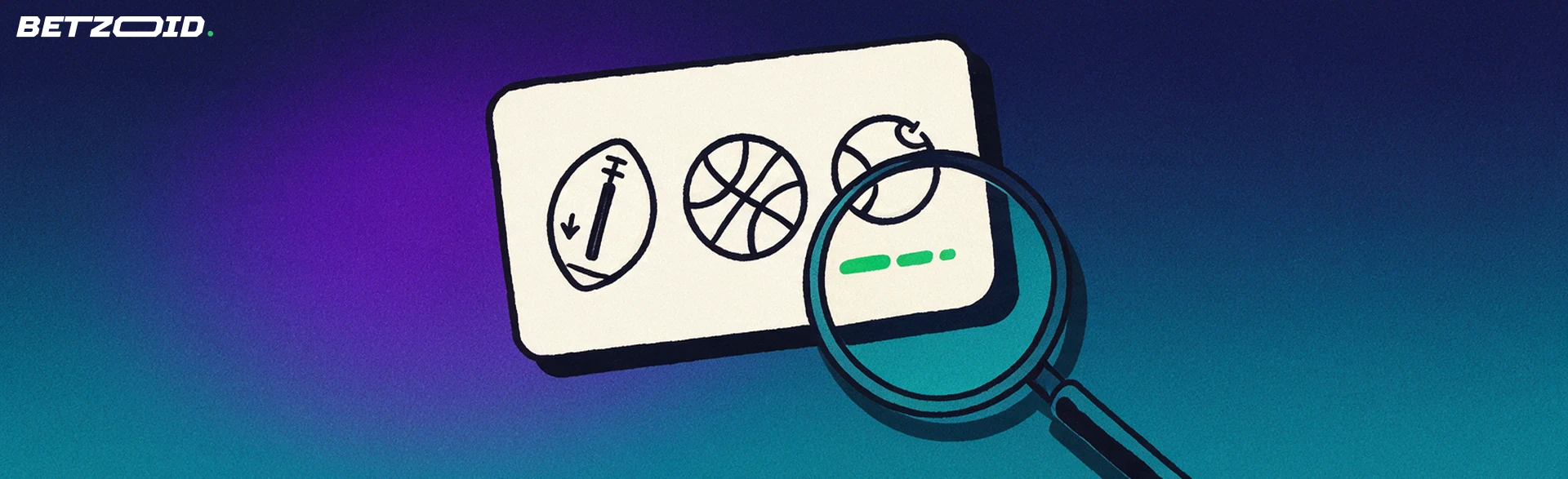 Illustration of a betting slip card with football, basketball and tennis symbols examined through a magnifying glass