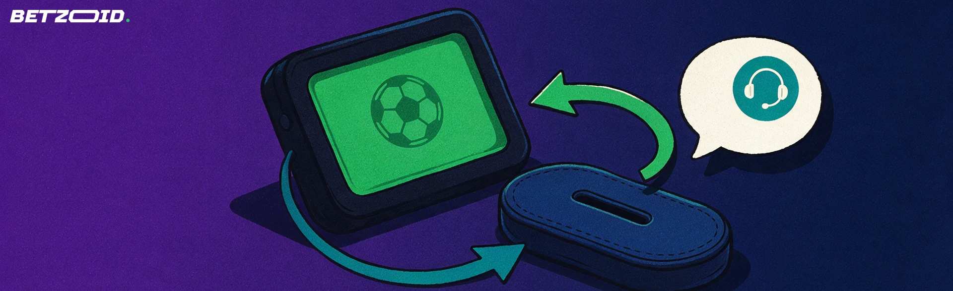 Illustration of a handheld device with a football symbol linked by curved arrows to a wallet and a blank speech bubble