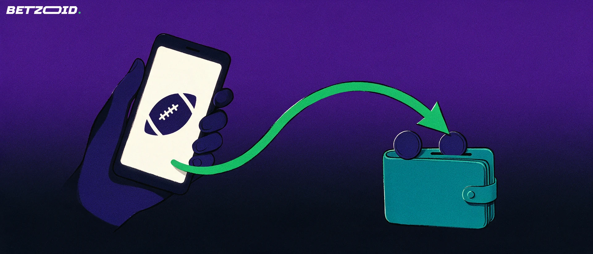Illustration of a hand holding a phone showing a football symbol, with an arrow carrying a coin into a wallet.