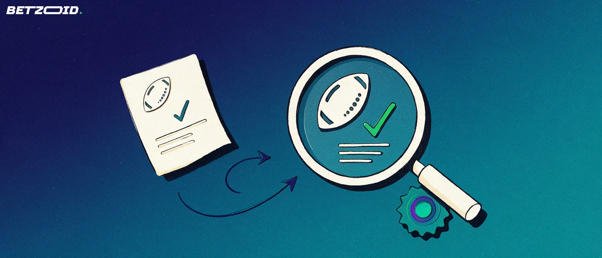 Illustration of a magnifying glass inspecting a betting slip marked with a football symbol and a checkmark