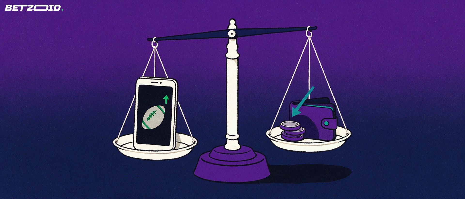 Illustration of a balance scale weighing a smartphone with a football symbol against coins and a wallet with a deposit arrow