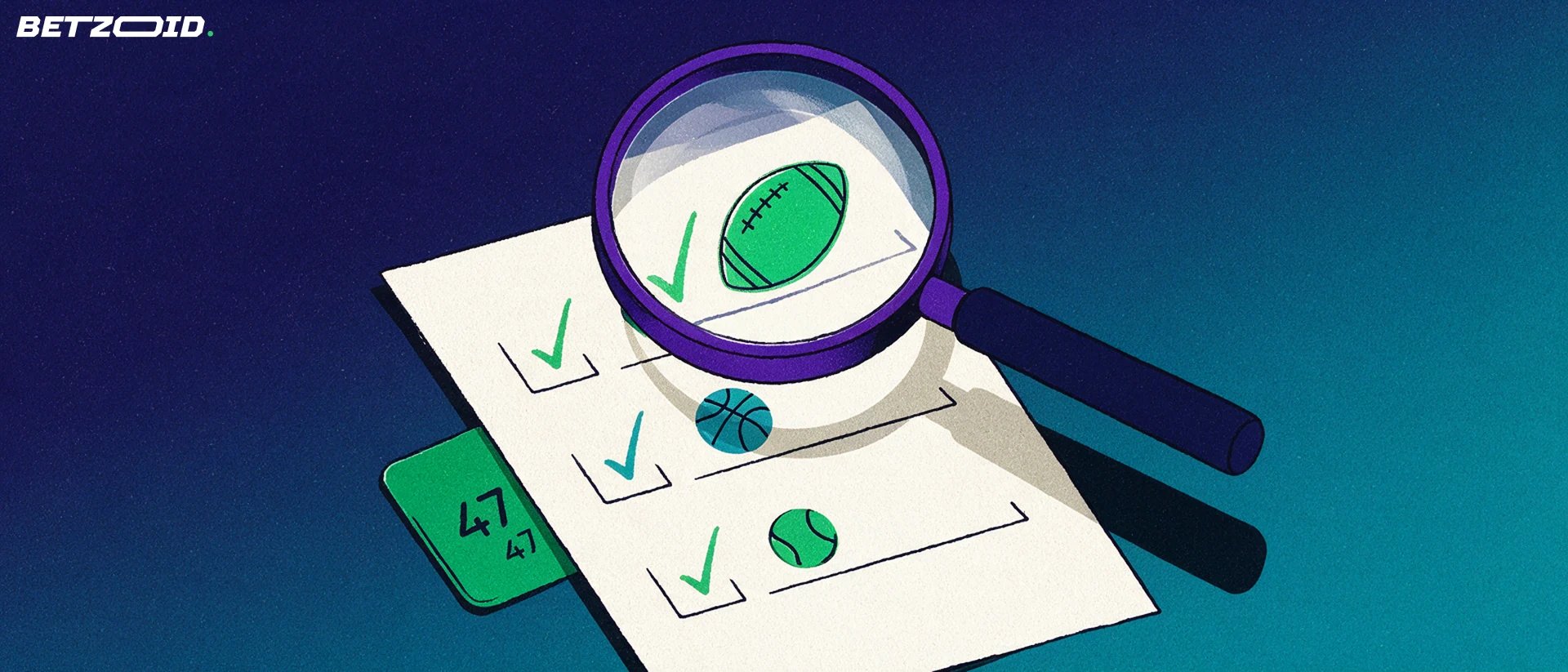 Illustration of a large magnifying glass examining a betting slip marked with football, basketball and tennis symbols and checkmarks.