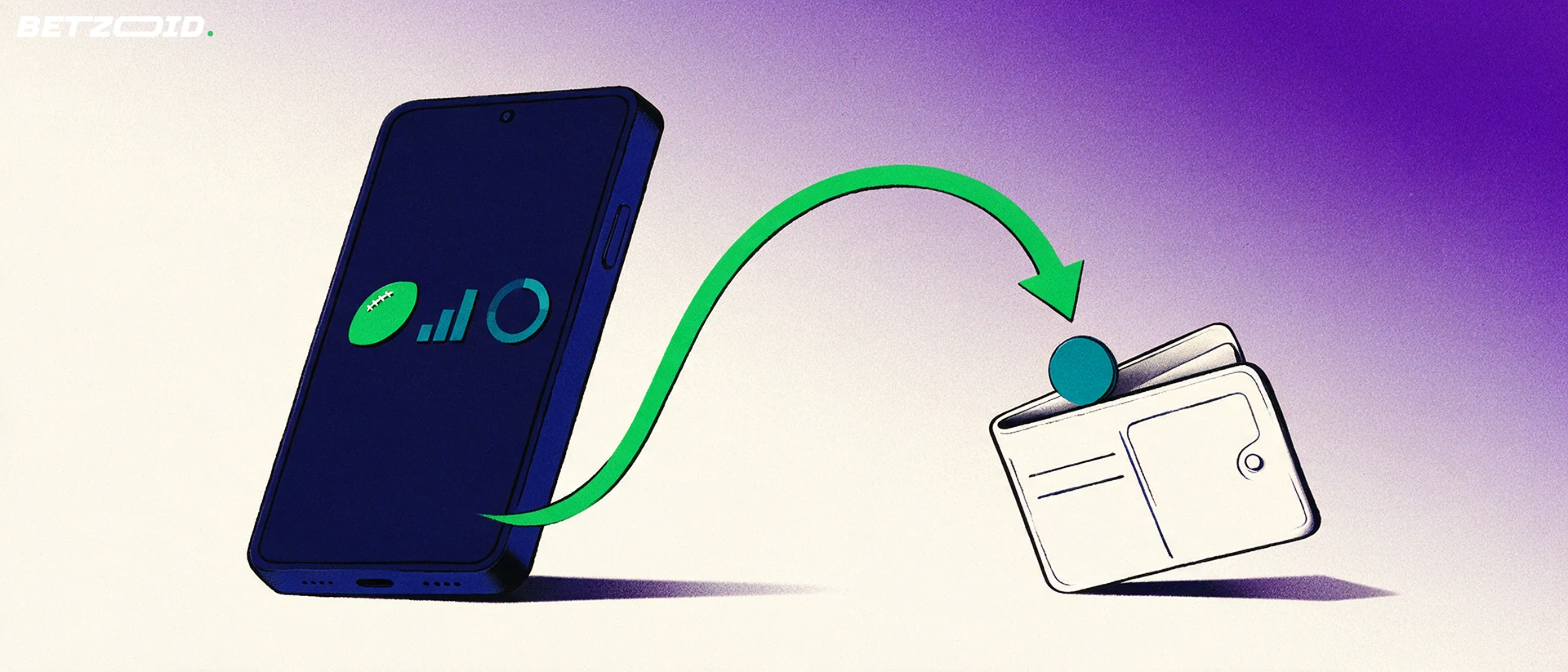 Illustration of a tilted smartphone displaying a football and chart symbols, with a curved arrow carrying a disc into an open wallet.