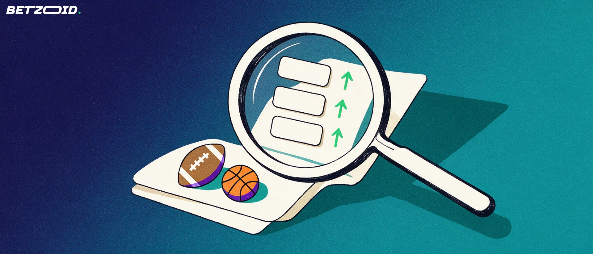 Illustration of a magnifying glass inspecting a betting slip with blank odds tiles, upward arrows and small football and basketball symbols.