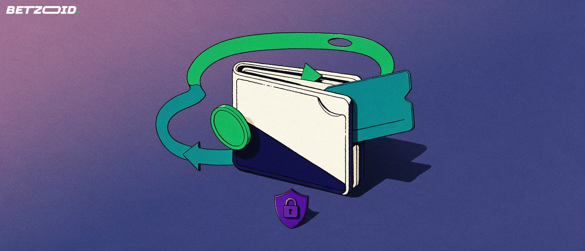 Illustration of a wallet with a plain payment card sliding in, a blank coin coming out, a looping two-way arrow and a small padlock.