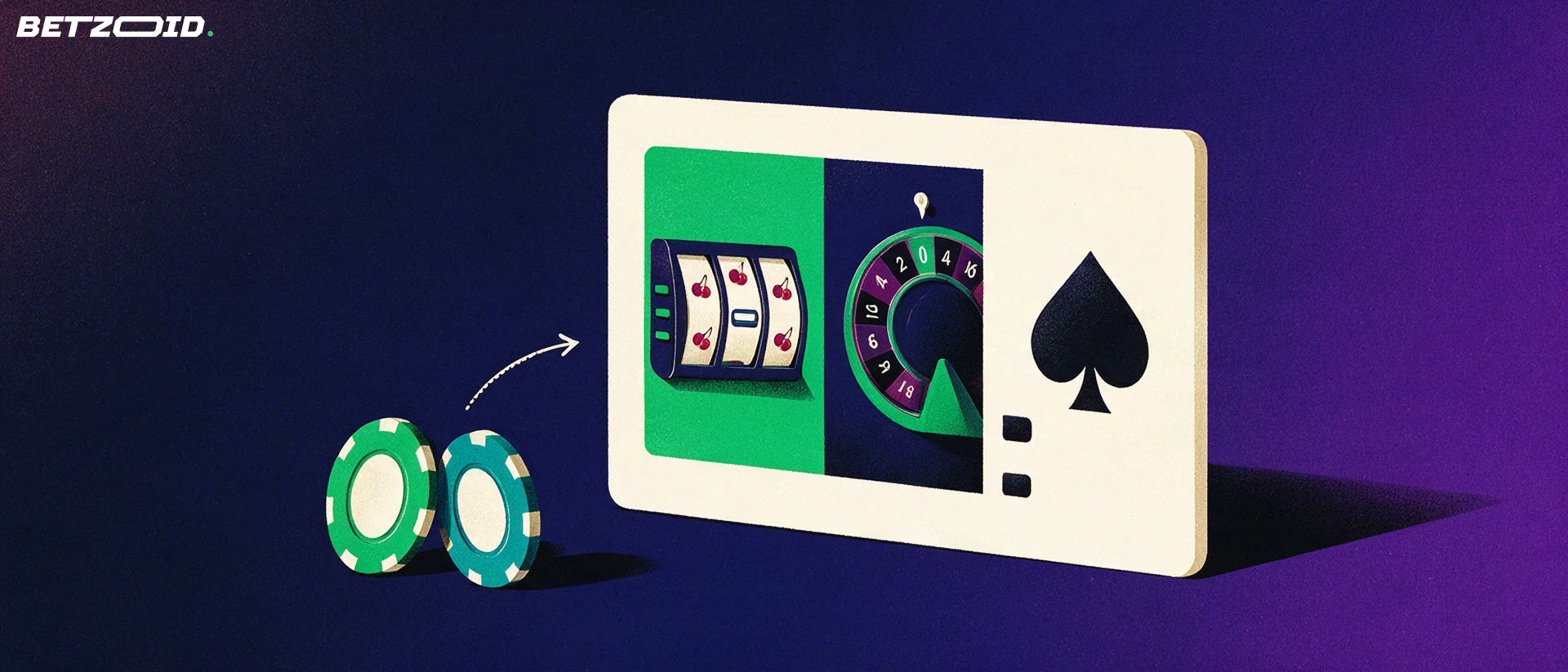 Ilustración de un panel con iconos de tragamonedas, ruleta y cartas junto a dos fichas de casino y una flecha curva.