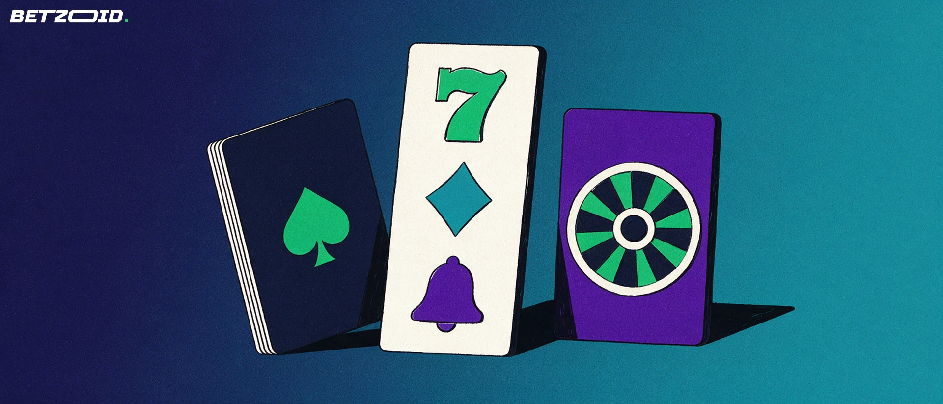 Ilustración de tres placas de juego de casino: un panel de tragamonedas con símbolos, una carta con pica y una ruleta plana sobre fondo azul y turquesa.