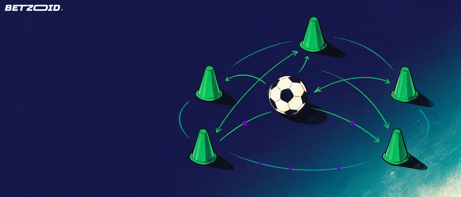 Trainingshütchen und Ball mit angedeuteten Passwegen.