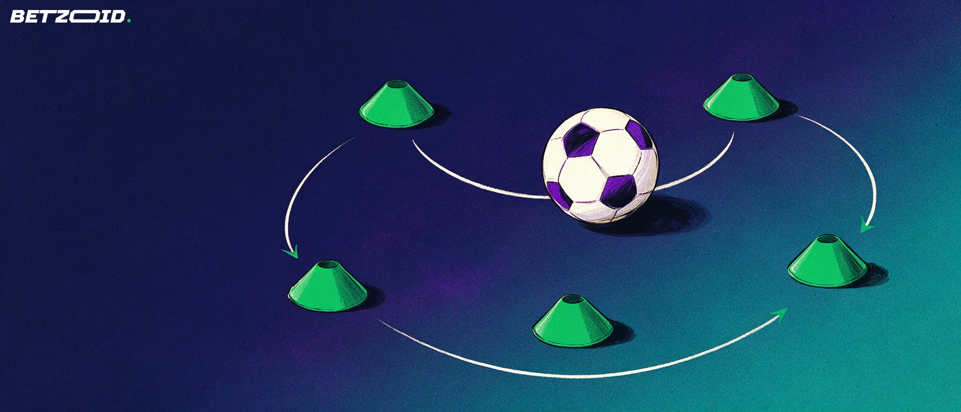 Conos de entrenamiento y balón con líneas de pase.