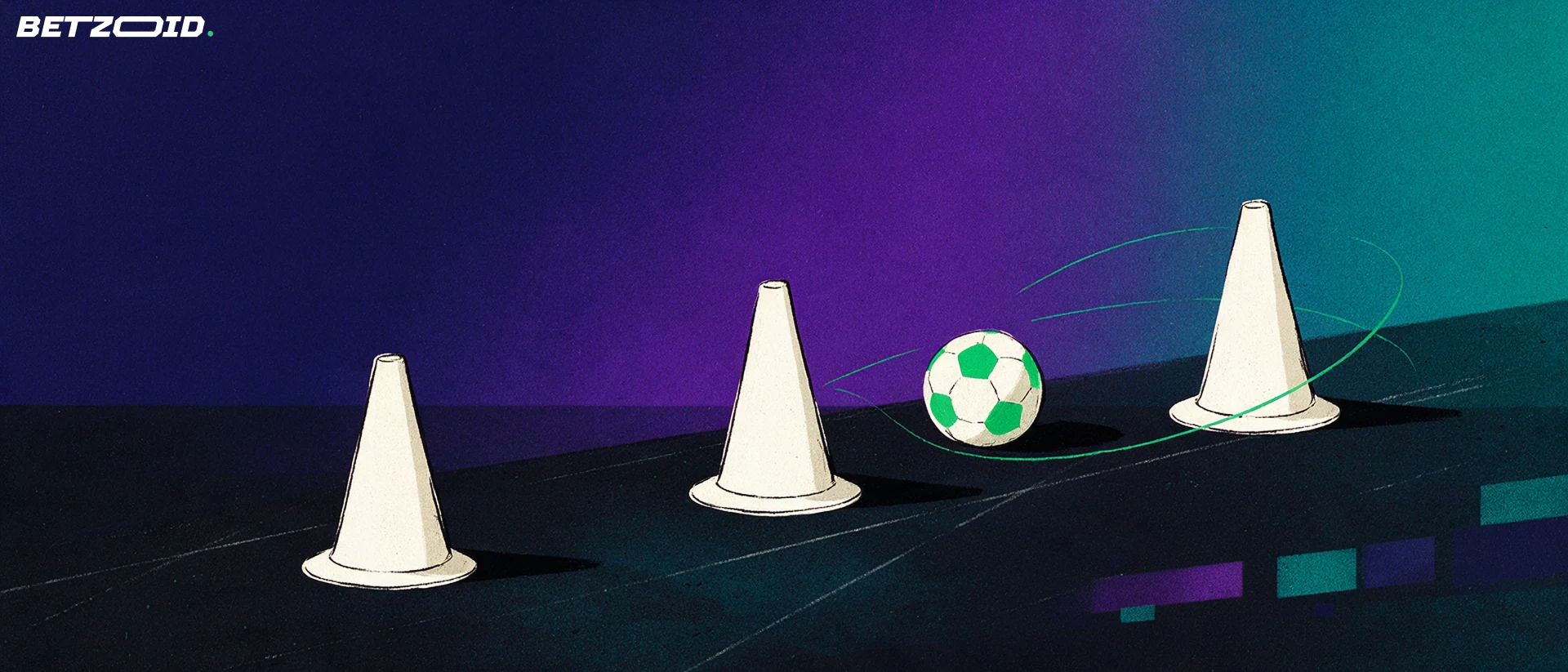 Training cones and a football show passing routes.